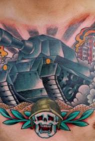 Brustfarbe Tank und brennende Stadt Schädel Tattoo Muster