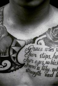 impressive black and white rose letter chest tattoo pattern