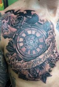 Chest Black and White Rose and Clock Letter Tattoo Pattern