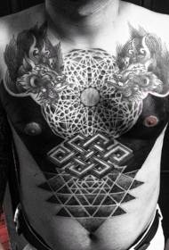 bröst och buk massiv svart mystisk totem med kran tatuering mönster