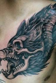 hrudný čierny a biely tajomný vlk s tetovacím vzorom Skeleton