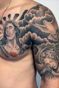 disegno del tatuaggio del piccione di Gesù Madonna in stile religioso mezzo nero grigio