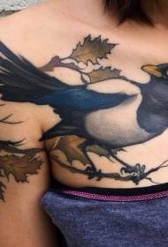 pečių spalvos paukštis su šakelėmis ir lapais tatuiruotės raštas