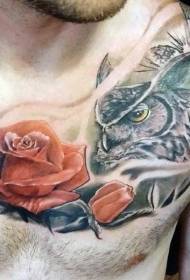 грудь разноцветная сова и роза тату