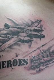 Chest World War II theme military aircraft and helicopter tattoo pattern