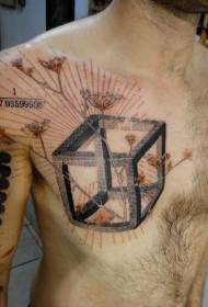 disegno del tatuaggio petto selvaggio stereo quadrato e colore fiori selvatici