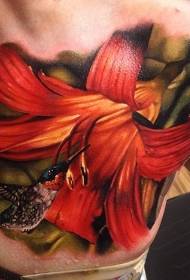 krūtinė super realistiškas tikroviškas kolibrio lelijos gėlių tatuiruotės modelis