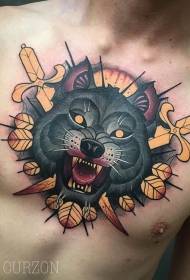 tatuaxe de puñal de cor de peito patrón de tatuaxe de cabeza de lobo