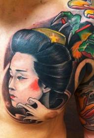 可愛的顏色亞洲藝妓肖像胸部紋身圖案