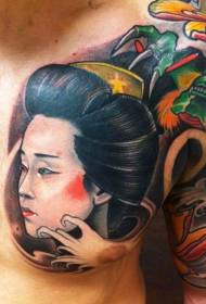 Kyawawan launi na Asiya na Geisha Portrait Chest Tattoo Stress