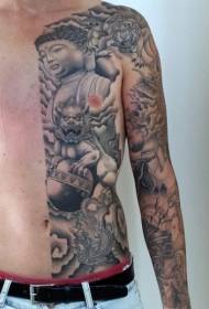 Männlicher Bauch- und Arm-asiatischer traditioneller schwarzer Ash Buddha Statue Tang Lion Tattoo Pattern