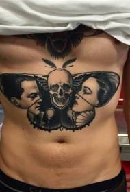 Κοιλιακή μοναδική σχεδίαση της μαύρης πεταλούδας σε συνδυασμό με το κρανίο πρόσωπο σχέδιο τατουάζ πορτρέτο