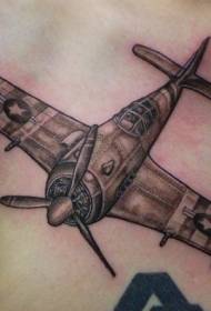 chest black gray style exquisite military aircraft tattoo pattern