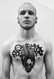 male chest black mechanical heart with gear tattoo pattern