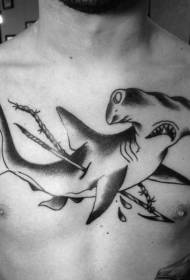 胸部插畫風格黑色箭頭與鎚頭鯊紋身圖案