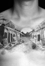 胸の現実的な黒灰色西部の町風景タトゥーパターン