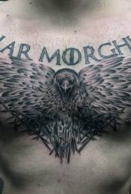 Brust schwarz grau mysteriöse Krähe und Buchstaben Tattoo-Muster