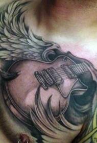 Krūtinė nuostabi juodai balta gitara su sparnelių tatuiruotės modeliu