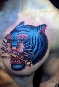 bröst asiatisk stil färgad stor tiger tatuering mönster