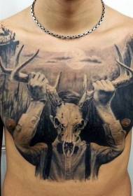 сундук черный таинственный маленький мальчик с рисунком татуировки черепа оленя