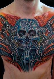 modello di tatuaggio scheletro meccanico a colori in stile fantasy petto
