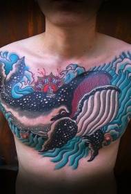 гръден син спрей с голям модел на татуировка на кит