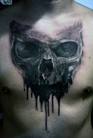 mellkas akvarell reális stílusú fekete koponya tetoválás minta