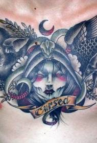 grudi šareno staro lice vještica s uzorkom tetovaže psa i vrana