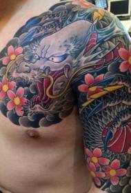 half verbluffend kleurrijk tattoo-patroon met draakbloem in Aziatische stijl