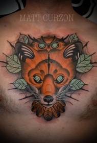 disegno tatuaggio volpe e foglia color petto