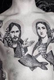 krūtinės siurrealizmo stilius Juodos žuvies uodegos ir šalavijų portreto tatuiruotės modelis