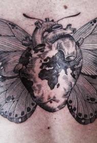 chest personality heart and butterfly wing combination tattoo pattern