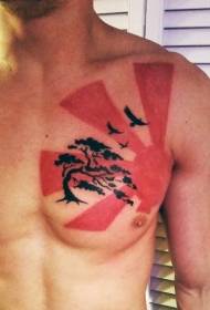 Чоловічий груди азіатського стилю червоне сонце з малюнком татуювання чорного птаха велике дерево