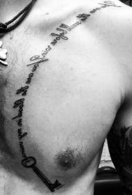 krūtinės juodos raidės ir raktas tatuiruotės modelis