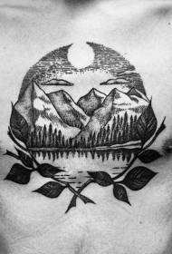paprastas juodo kraštovaizdžio peizažo krūtinės tatuiruotės modelis