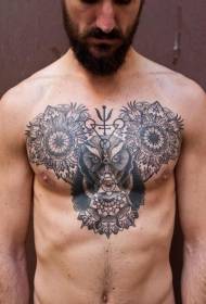 Krūškurvja stila melns dažādu ziedu un lācīšu tetovējums