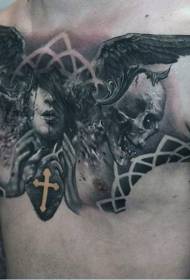 retrat de diable misteriós en blanc i negre al pit amb patró de tatuatge de crani i cor
