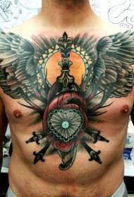 胸部和腹部彩色的心，有翅膀和匕首的紋身圖案