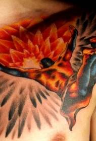 Krūtinės iliustratoriaus stiliaus spalvų skraidantis „Icaro“ tatuiruotės raštas