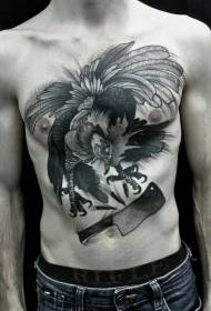 Грудь в стиле гравюры черный злой петух с рисунком ножа татуировки
