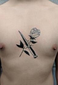 ragazzi petto nero linea semplice fiori creativi e pugnale immagini del tatuaggio