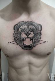 Chest Engraving Style Black Roaring Lion Tattoo Pattern