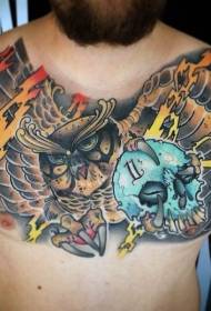 rinnassa väri sarjakuva pöllö kallo salama tatuointi malli