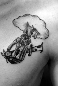 bröst gravyr stil svart moln dolk med skalle hand tatuering mönster