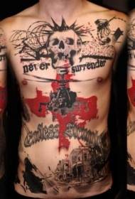abdomen and chest black skull helicopter with red cross tattoo pattern