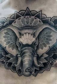 Modello di tatuaggio di elefante nero e foglia stile puntura del torace
