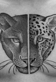 груди креативне Комбинација црне полутке лава, пола леопард главе тетоважа узорак
