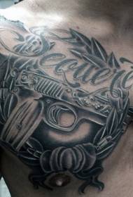bröst kul modern pistol tatuering mönster med bokstäver växter