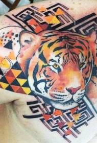 Chest Tribal Style Colored Tiger with Geometric Decorative Tattoo Pattern