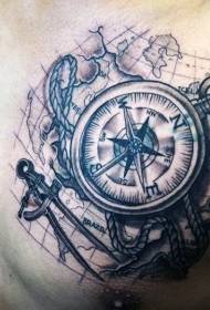 hrudník černá šedá kompas s mapou tetování vzorem